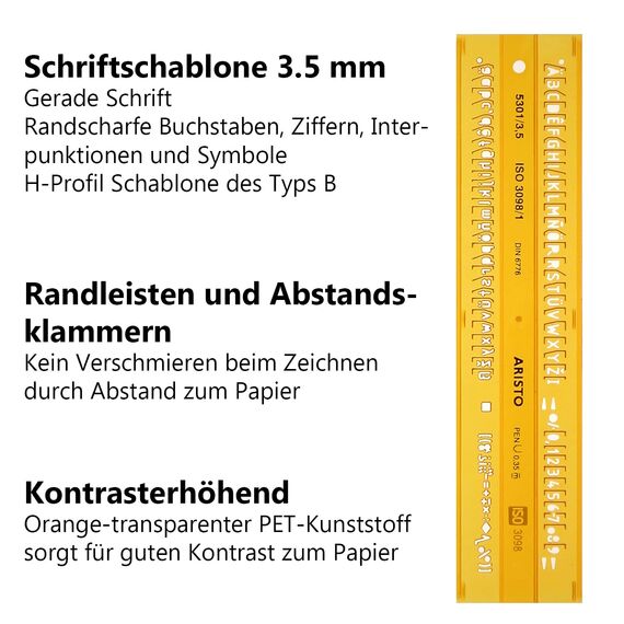 Aristo Isonorm Schriftschablone gerade Mittelschrift (3,5 mm, H-Profil, Typ B, formstabiler PET-Kunststoff) orange-transparent