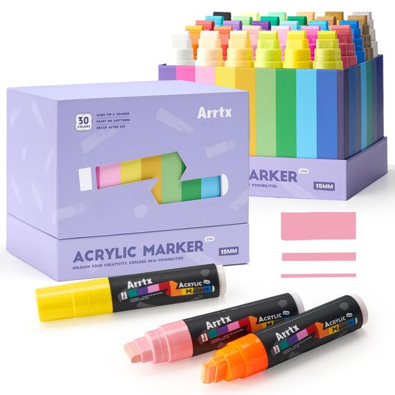 Arrtx Graffiti Acryl Marker Set, 15mm Jumbo-Filzspitze Grafitistifte, 30 Jumbo Marker, Acryl-Farbstifte für DIY, Felsmalerei, Steine Wasserfest, Keramik, Glas, Holz, Leinwand