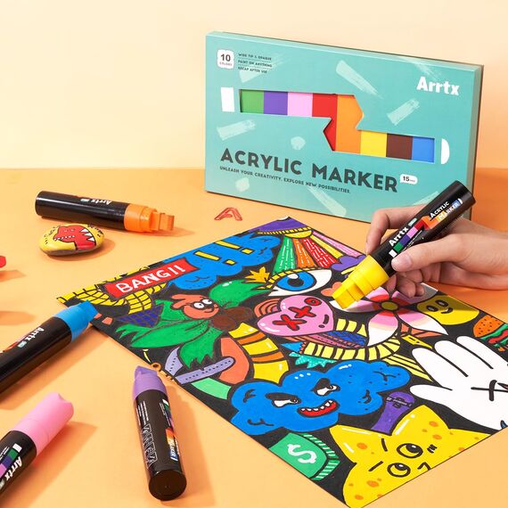 Arrtx Graffiti Acryl Marker Set, 15mm Jumbo-Filzspitze Grafitistifte, 10 Jumbo, Acryl-Farbstifte für DIY, Felsmalerei, Steine Wasserfest, Keramik, Glas, Holz, Leinwand