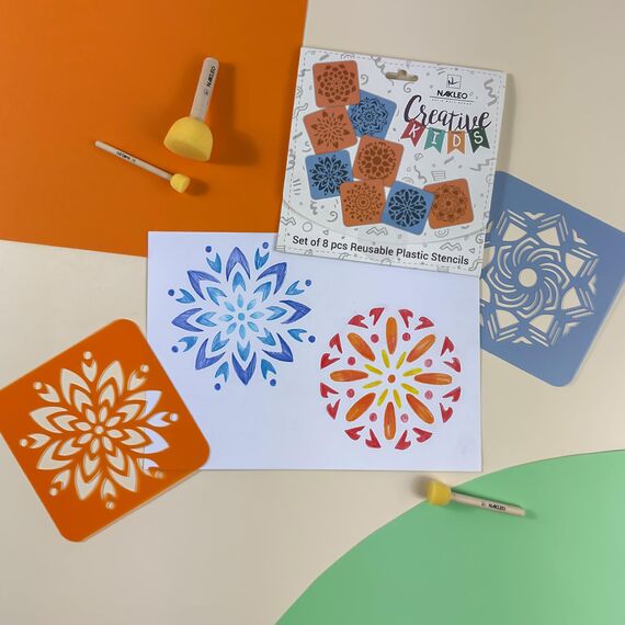 NAKLEO Schablonen Malen für Kinder, 8 Stück Set 15x15cm Mandalas Rangolis, Kinder Kreatives Zeichenschablonen, Kunststoff Wiederverwendbar Malschablone DIY Handwerk, Papier Wand Holz Stoff