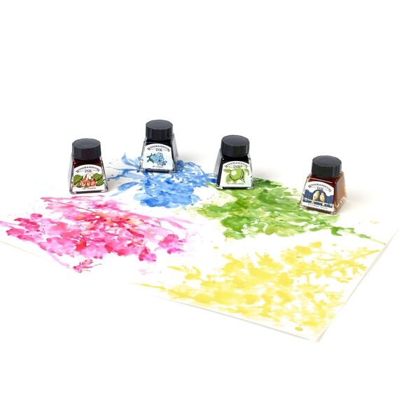 Winsor & Newton 1090105 Zeichentusche Set, 4 Farben, wasserbeständig für Illustratoren, Grafikern, Kalligraphen und Künstler - Kobaltblau / Apfelgrün / Kanariengelb / Karmesinrot
