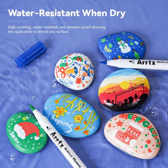 Arrtx Acrylstifte für Steine Bemalen, 30 Farben Wasserfeste Acrylstifte Marker Pinselspitze, Schnelltrocknender Acrylfarben Stifte für Osterei, Steine, Keramik, Glas, Holz, Leinwand, DIY Fotoalbum