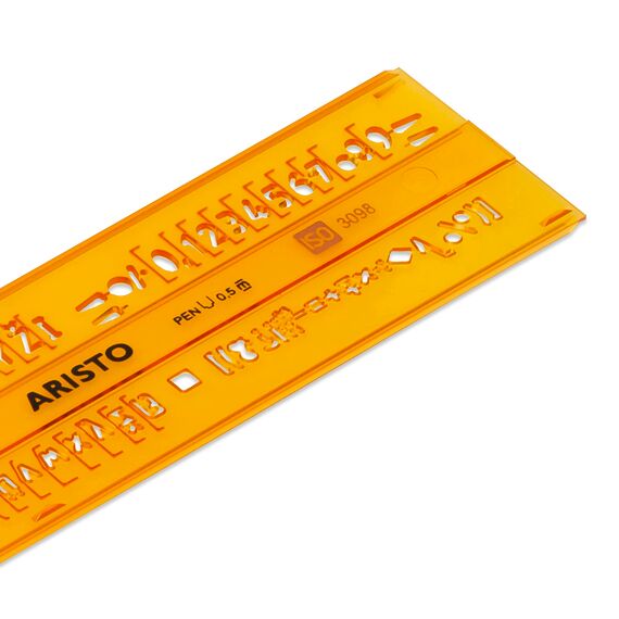 Aristo Isonorm Schriftschablone gerade Mittelschrift (5,0 mm, H-Profil, Typ B, formstabiler PET-Kunststoff) orange-transparent