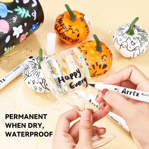 Arrtx Acrylstifte für Steine Wasserfest 10 Stück Dual Tip Stifte Steine Bemalen Permanent Acrylmarker für Holz, Leinwand, Glas, Papier, Keramik-4 Weiß, 4 Schwarz, 1 Gold und 1 Silber