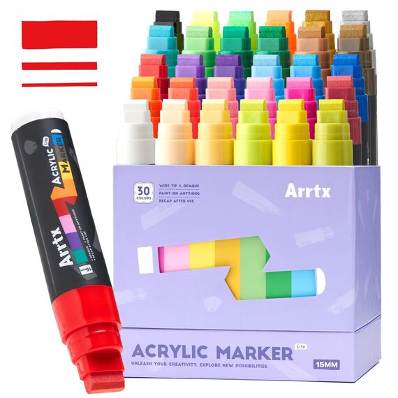 Arrtx Graffiti Acryl Marker Set, 15mm Jumbo-Filzspitze Grafitistifte, 30 Jumbo Marker, Acryl-Farbstifte für DIY, Felsmalerei, Steine Wasserfest, Keramik, Glas, Holz, Leinwand