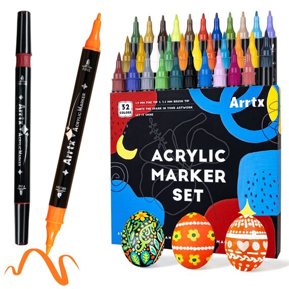 Arrtx Acrylstifte für Steine Bemalen, 32 Farben Marker Dual-Tip-Pinsel und feine Spitze, Permanent Acrylmarker für malerei, Keramik, Glas, Holz, Metall, Leinwand, DIY Fotoalbum