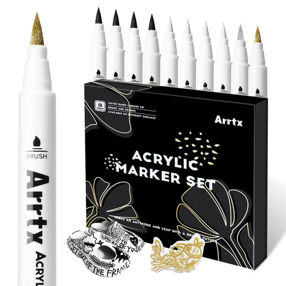 Arrtx Acrylstifte für Steine Wasserfest 10 Stück Dual Tip Stifte Steine Bemalen Permanent Acrylmarker für Holz, Leinwand, Glas, Papier, Keramik-4 Weiß, 4 Schwarz, 1 Gold und 1 Silber