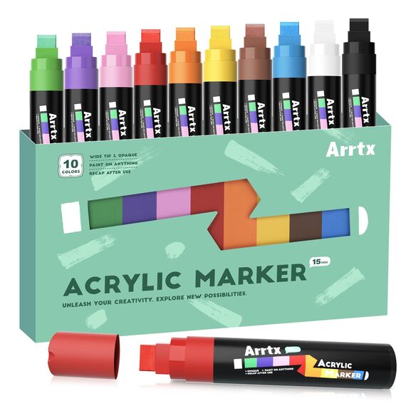 Arrtx Graffiti Acryl Marker Set, 15mm Jumbo-Filzspitze Grafitistifte, 10 Jumbo, Acryl-Farbstifte für DIY, Felsmalerei, Steine Wasserfest, Keramik, Glas, Holz, Leinwand