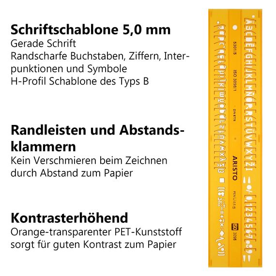 Aristo Isonorm Schriftschablone gerade Mittelschrift (5,0 mm, H-Profil, Typ B, formstabiler PET-Kunststoff) orange-transparent