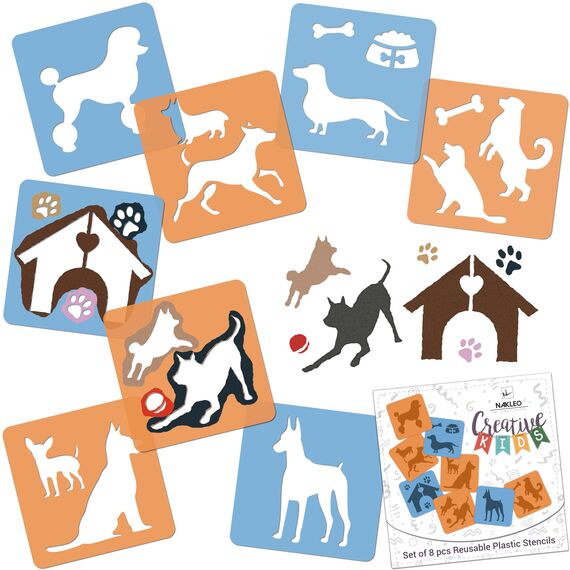 NAKLEO Schablonen Malen für Kinder, 8 Stück Set 15x15cm Hunde, Kinder Kreatives Zeichenschablonen, Kunststoff Wiederverwendbar Malschablone DIY Handwerk, Papier Wand Holz Stoff