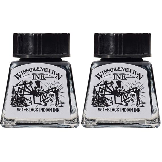 Winsor & Newton 1005030 Drawing Inks - Zeichentusche für Kalligraphen, Illustratoren, Grafikern - wasserbeständige Farben, herrvorragender Transparenz, 14ml Flasche - Schwarz (Indisch), Packung mit 2