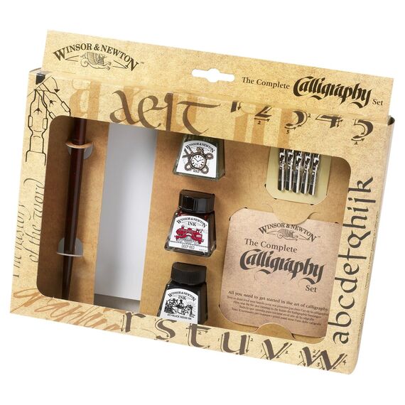Winsor & Newton 1190190 Kalligraphie Set (3 Flaschen a 14 ml in schwarz, tiefrot und gold, 1 Dip Pen, 5 Kalligraphie-Spitzen, 1 Block A5 Cartridge Papier)