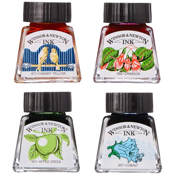 Winsor & Newton 1090105 Zeichentusche Set, 4 Farben, wasserbeständig für Illustratoren, Grafikern, Kalligraphen und Künstler - Kobaltblau / Apfelgrün / Kanariengelb / Karmesinrot
