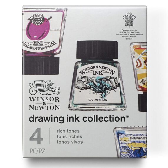 Winsor & Newton 1090104 Zeichentusche Set, 4 Farben, wasserbeständig für Illustratoren, Grafikern, Kalligraphen und Künstler - Purpur / Ultramarin / Sonnengelb / Viridian