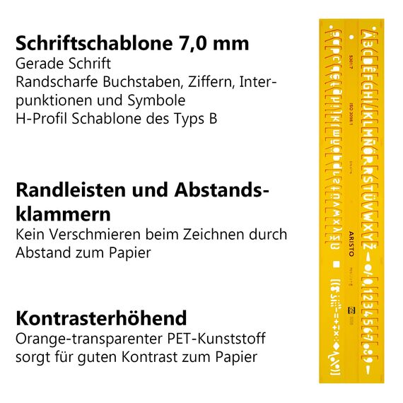 Aristo Isonorm Schriftschablone gerade Mittelschrift (7,0 mm, H-Profil, Typ B, formstabiler PET-Kunststoff) orange-transparent