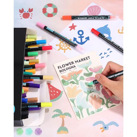 Huifoo Acrylstifte für Wasserfest,60 Stifte Dual Tip Acrylfarben Stifte Steine Bemalen Set,acrylfarben für Steine Holz,Glas,Leinwand,Stein,Stoff,DIY Fotoalben,Keramik