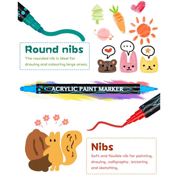 Huifoo Acrylstifte für Wasserfest,60 Stifte Dual Tip Acrylfarben Stifte Steine Bemalen Set,acrylfarben für Steine Holz,Glas,Leinwand,Stein,Stoff,DIY Fotoalben,Keramik