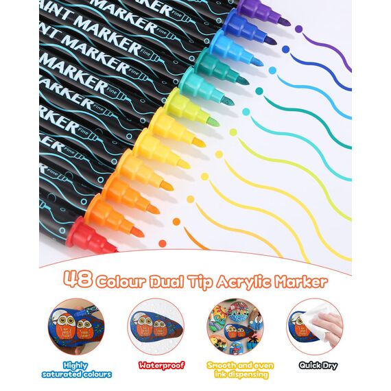 Acrylstifte Dual Tip 48er Set - Wasserfest für Steine, Holz, Glas, Leinwand, Stoff, DIY & Keramik