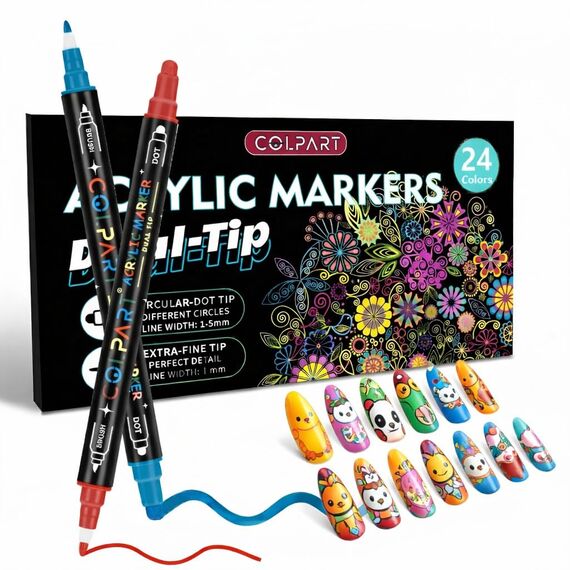 colpart Acrylfarbe in 24 Farben – Marker mit Doppelspitze, Acrylfarbenstifte, Farbmarker für Steinmalerei, Leinwand, Kunststoff, Metall, Holz und Stein, Punktmarker für Bastelarbeiten, Kunstbedarf
