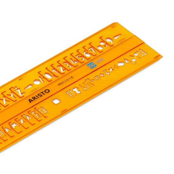 Aristo Isonorm Schriftschablone gerade Mittelschrift (7,0 mm, H-Profil, Typ B, formstabiler PET-Kunststoff) orange-transparent