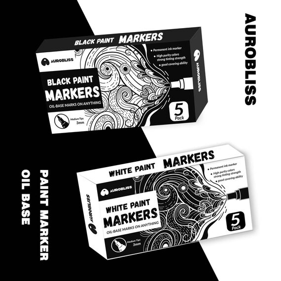 Aurobliss Lackmarker Schwarz 5 Stück, Lackstift Wasserfeste Stifte für Holz, Steine, Schiefer, Gummi, Metall, Glas, Plastik, Textilien Permanent Marker Schwarz Dicke Spitze