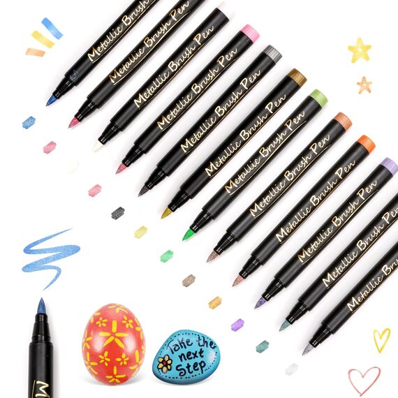 Huifoo Metallic Stifte,12 Farben Dual tip Metallic Marker Stifte Set,Acrylstifte für Steine Wasserfest für Steine Holz,Glas,Leinwand,Stein,Stoff,DIY Fotoalben,Keramik