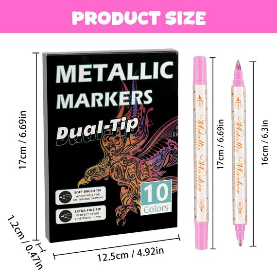 Metallic Marker Stifte,10 Dual Tip Metallic Acrylstifte Wasserfest,Metallischen Marker Set für Gästebuch, DIY Scrapbook,Goldstift für Holz,Glas,Steine,Keramik,Papier,Kunsthandwerk