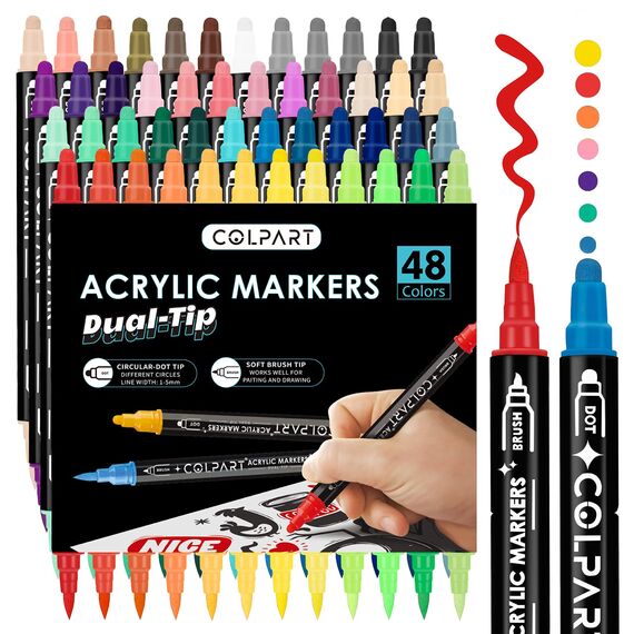 colpart Acrylstifte für Steine wasserfest-48 Farben Steine Bemalen Acrylfarben stifte Acrylic Paint-Permanent Marker Ostereier zum bemalenFür Kunststoff Glas Holz Keramik Metall Reifen Leinwand.