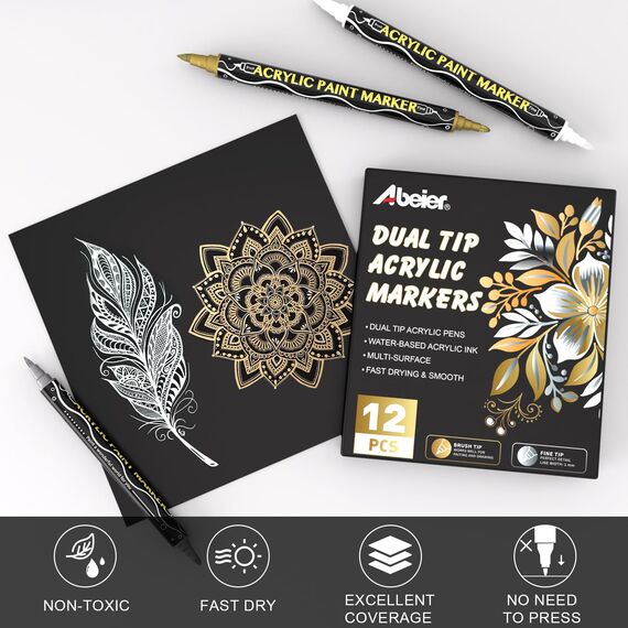 ABEIER Acrylstifte 12 Stück Gold, Silber, Weiß, Schwarz, Doppelspitze Metallic Marker Stifte,Schnelltrocknende Akrylstifte für Holz, Glas, Stoff, Leinwand, Keramik, Metall