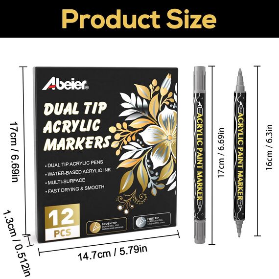 ABEIER Acrylstifte 12 Stück Gold, Silber, Weiß, Schwarz, Doppelspitze Metallic Marker Stifte,Schnelltrocknende Akrylstifte für Holz, Glas, Stoff, Leinwand, Keramik, Metall