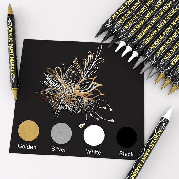 ABEIER Acrylstifte 12 Stück Gold, Silber, Weiß, Schwarz, Doppelspitze Metallic Marker Stifte,Schnelltrocknende Akrylstifte für Holz, Glas, Stoff, Leinwand, Keramik, Metall