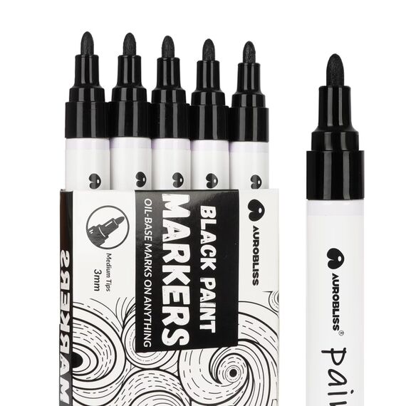 Aurobliss Lackmarker Schwarz 5 Stück, Lackstift Wasserfeste Stifte für Holz, Steine, Schiefer, Gummi, Metall, Glas, Plastik, Textilien Permanent Marker Schwarz Dicke Spitze