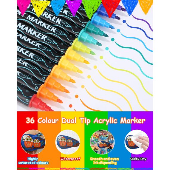 Huifoo Acryllackstifte 36 Farben Doppelspitze für Keramik, Stoff, Kunststoff, Glas, Metall, Felsen, Leinwand, Papier, DIY