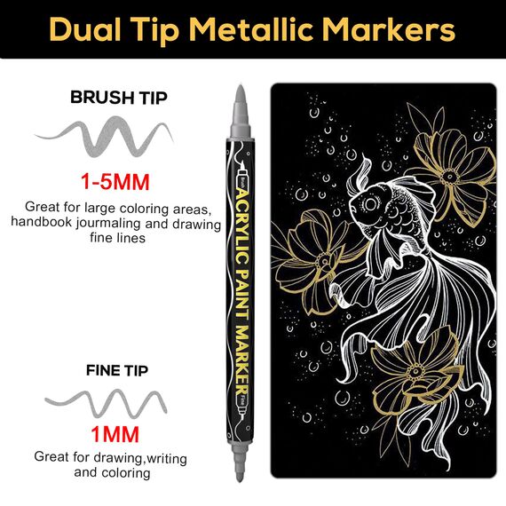 ABEIER Acrylstifte 12 Stück Gold, Silber, Weiß, Schwarz, Doppelspitze Metallic Marker Stifte,Schnelltrocknende Akrylstifte für Holz, Glas, Stoff, Leinwand, Keramik, Metall