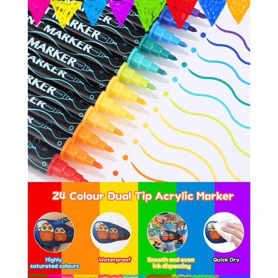 Acrylstifte für Steine Wasserfest, acrylfarbene Stifte, 48 Farben/24 Stück Dual Tip Acrylfarben Stifte zum Malen von Steinen, Holz, Glas, Leinwand, Stoff, DIY Fotoalben und Keramik