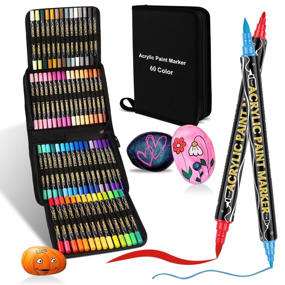 colpart Acrylstifte für Steine wasserfest-60Bagtype-Steine Bemalen Doppelendige Acrylic Paint Ostereier zum Bemalen Stift Für Kunststoff Glas Holz Keramik Metall Reifen Leinwand.