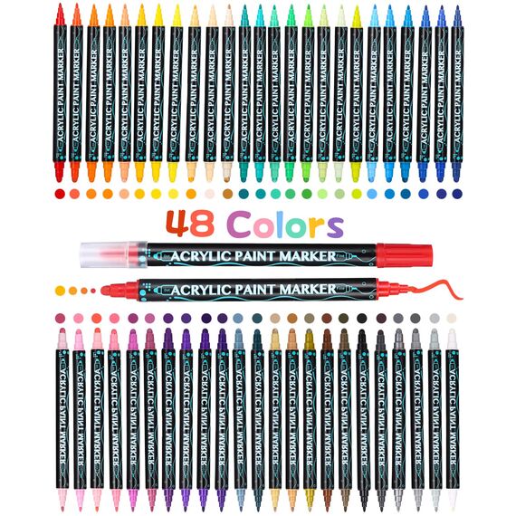 Acrylstifte Dual Tip 48er Set - Wasserfest für Steine, Holz, Glas, Leinwand, Stoff, DIY & Keramik