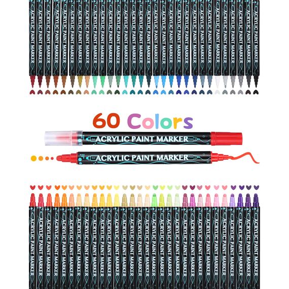 Huifoo Acrylstifte für Wasserfest,60 Stifte Dual Tip Acrylfarben Stifte Steine Bemalen Set,acrylfarben für Steine Holz,Glas,Leinwand,Stein,Stoff,DIY Fotoalben,Keramik