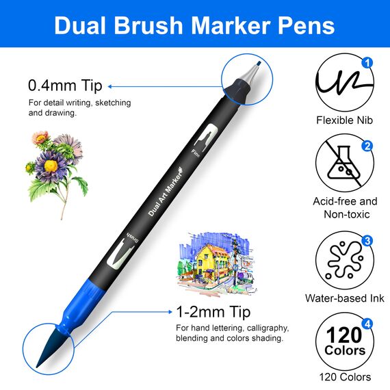 Halobios Dual Brush Pen Set, Filzstifte 120 Farben Pinselstifte Marker Aquarell Stifte Für Kinder und Erwachsene, Ausgestattet mit Schwarzer Tragetasche Lagerbasis