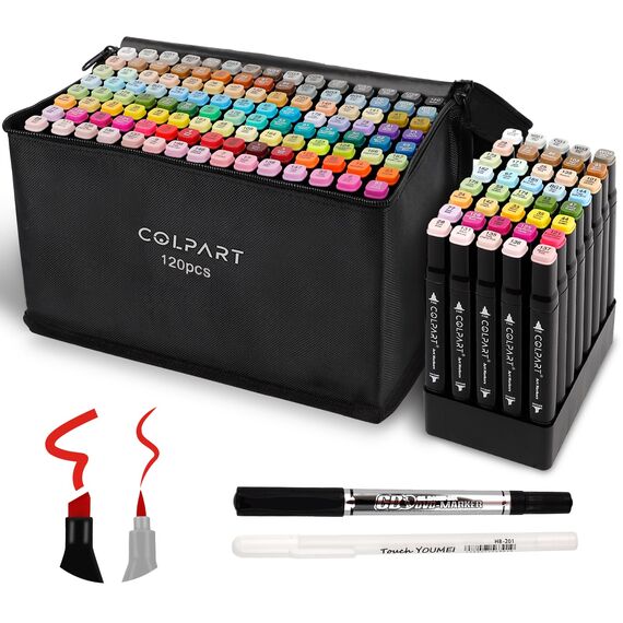 colpart colpart120+2Farben Alkohol Marker Brush Tip Set Filzstifte Permanenter für Manga, Design, Malerei, Zeichnung, Twin Marker Stifte zum Zeichnen und Malen für Erwachsene