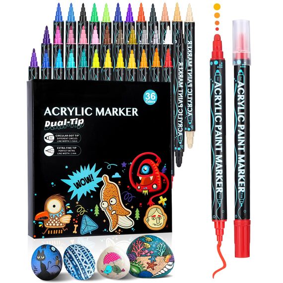 Huifoo Acryllackstifte 36 Farben Doppelspitze für Keramik, Stoff, Kunststoff, Glas, Metall, Felsen, Leinwand, Papier, DIY