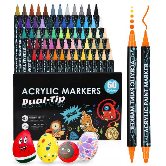 Huifoo Acrylstifte für Wasserfest,60 Stifte Dual Tip Acrylfarben Stifte Steine Bemalen Set,acrylfarben für Steine Holz,Glas,Leinwand,Stein,Stoff,DIY Fotoalben,Keramik