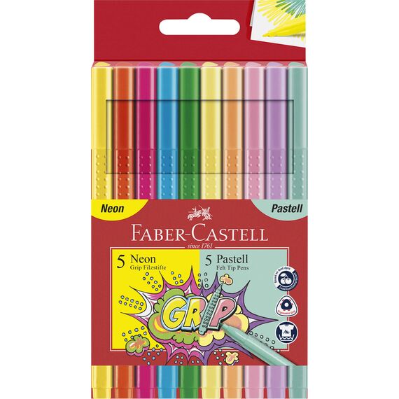 FABER-CASTELL 155312 - Grip Fasermaler Neon & Pastell, 10er Etui