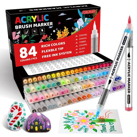 colpart 84 Farben Acrylstifte mit Flüssigtinten-System, Wasserfest & Schnelltrocknend, Innovatives Tintenfluss-Design, Ungiftige Acrylic Paint Marker für Steine, Glas, Holz, Keramik und Porzellan