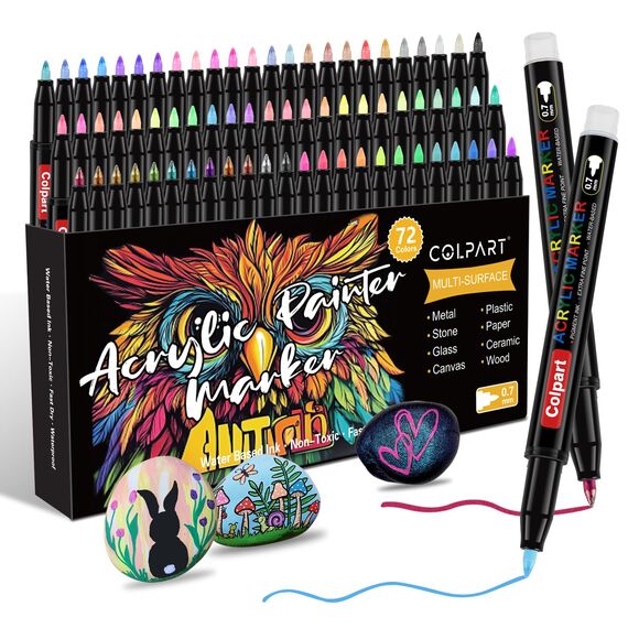 colpart Acrylstifte für Steine wasserfest Extra feine Acrylmalstifte 72 Farben Acrylfarbenstifte für das Malen auf Steinen, Holz, Leinwand, Stein, Glas und Keramikoberflächen.