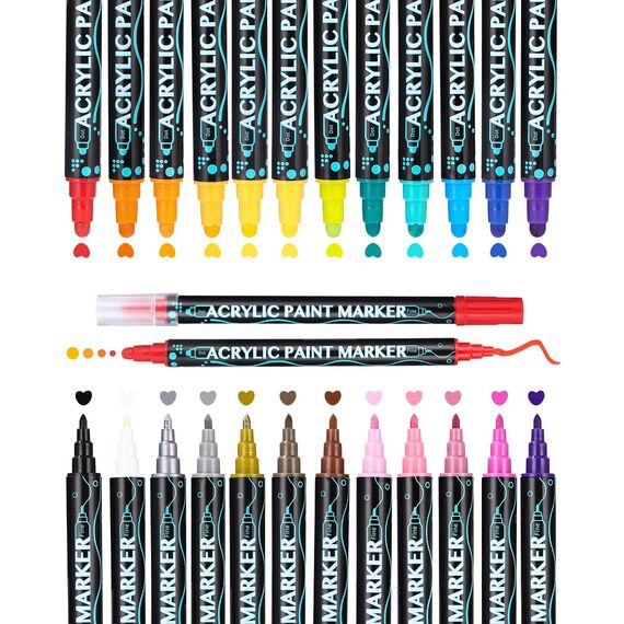 Acrylstifte für Steine Wasserfest, acrylfarbene Stifte, 48 Farben/24 Stück Dual Tip Acrylfarben Stifte zum Malen von Steinen, Holz, Glas, Leinwand, Stoff, DIY Fotoalben und Keramik