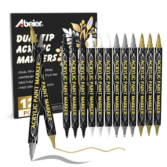 ABEIER Acrylstifte 12 Stück Gold, Silber, Weiß, Schwarz, Doppelspitze Metallic Marker Stifte,Schnelltrocknende Akrylstifte für Holz, Glas, Stoff, Leinwand, Keramik, Metall