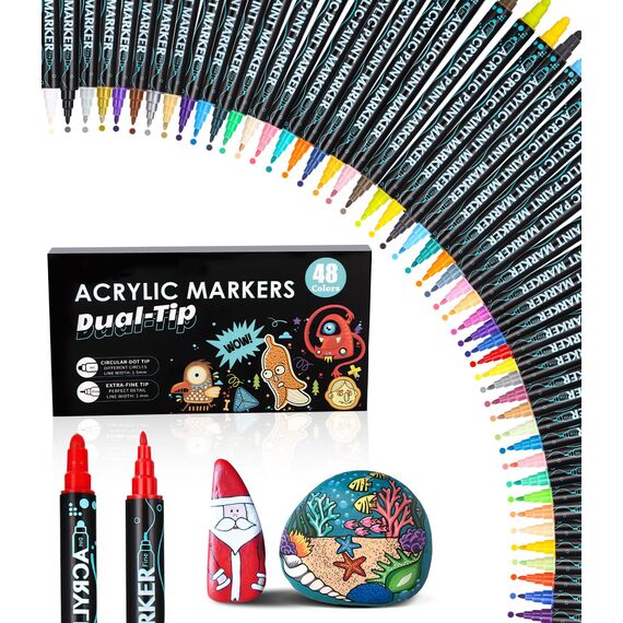 Acrylstifte Dual Tip 48er Set - Wasserfest für Steine, Holz, Glas, Leinwand, Stoff, DIY & Keramik