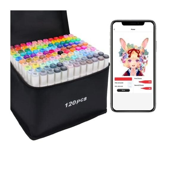 Vokiuler 120 Farben Alkohol Marker Set mit App, Dual-Tip Marker Stifte zum Ausmalen, Schnelltrocknende Permanenter Markers für Manga Design Tochter Zeichnen, mit Tragetasche