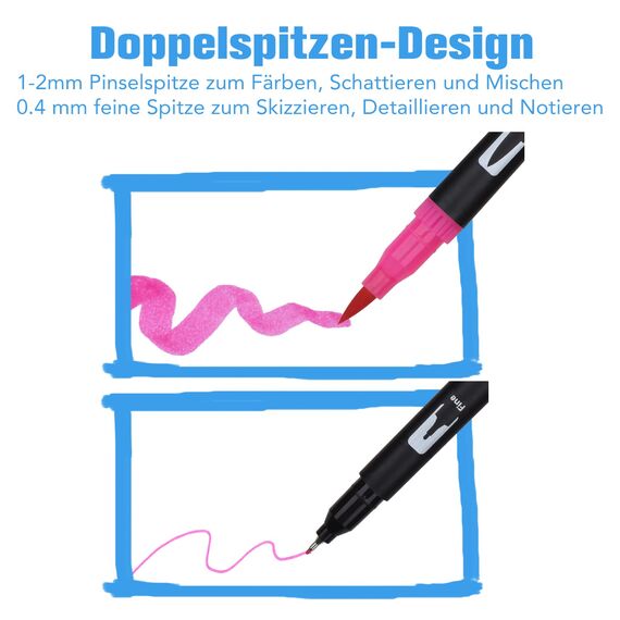 Dual Brush Pen Set, 36 Farben Doppelfasermaler, Tinte auf Wasserbasis Doppelfilzstifte Für Aquarell Watercolo Bullet Journal Handlettering Kalligraphie Manga, Fasermaler[1-2 mm] und Fineliner[0,4 mm]